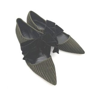 POL Corduroy Pointed Toe Flats Women Size 7 Olive Green Black Velvet Bow Shoes